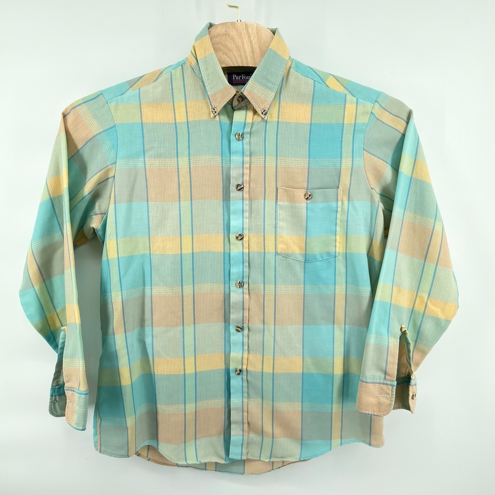 Vintage Par Four Mens L Plaid Button Down Shirt Teal Yellow Tan Golf USA